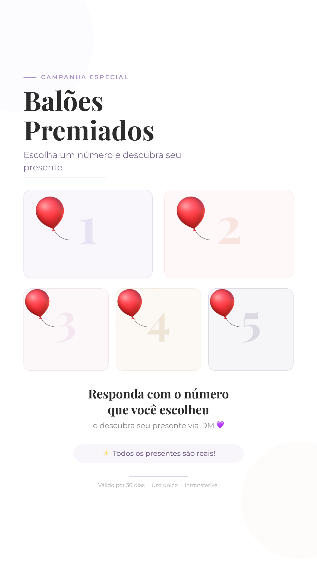 Balões Premiados — Story de abertura com os 5 balões