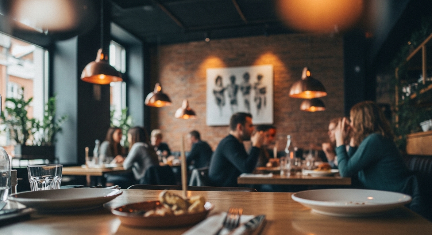 Ambiente interno do restaurante — iluminação quente e parede de tijolos