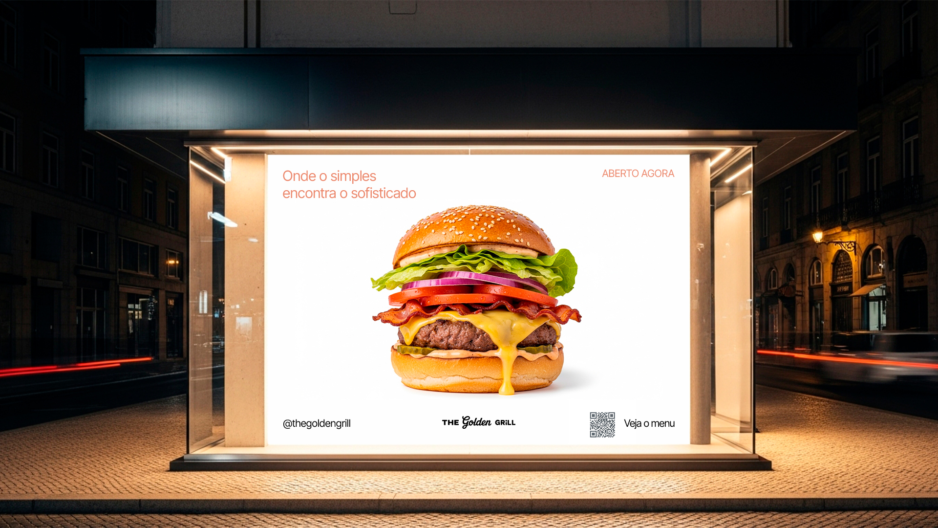 Mockup de outdoor em ponto de ônibus — campanha The Golden Grill