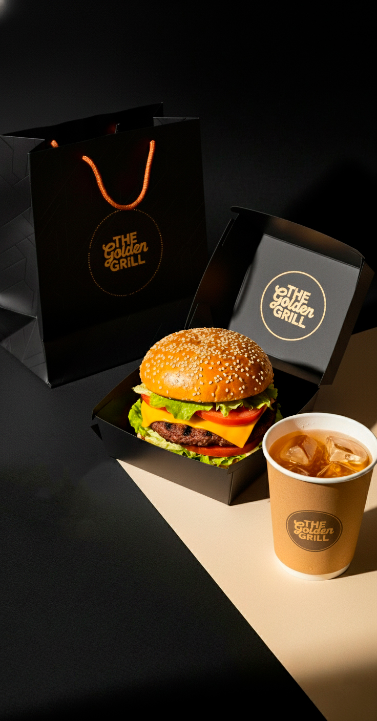 Embalagem dark premium — sacola, caixa e copo The Golden Grill