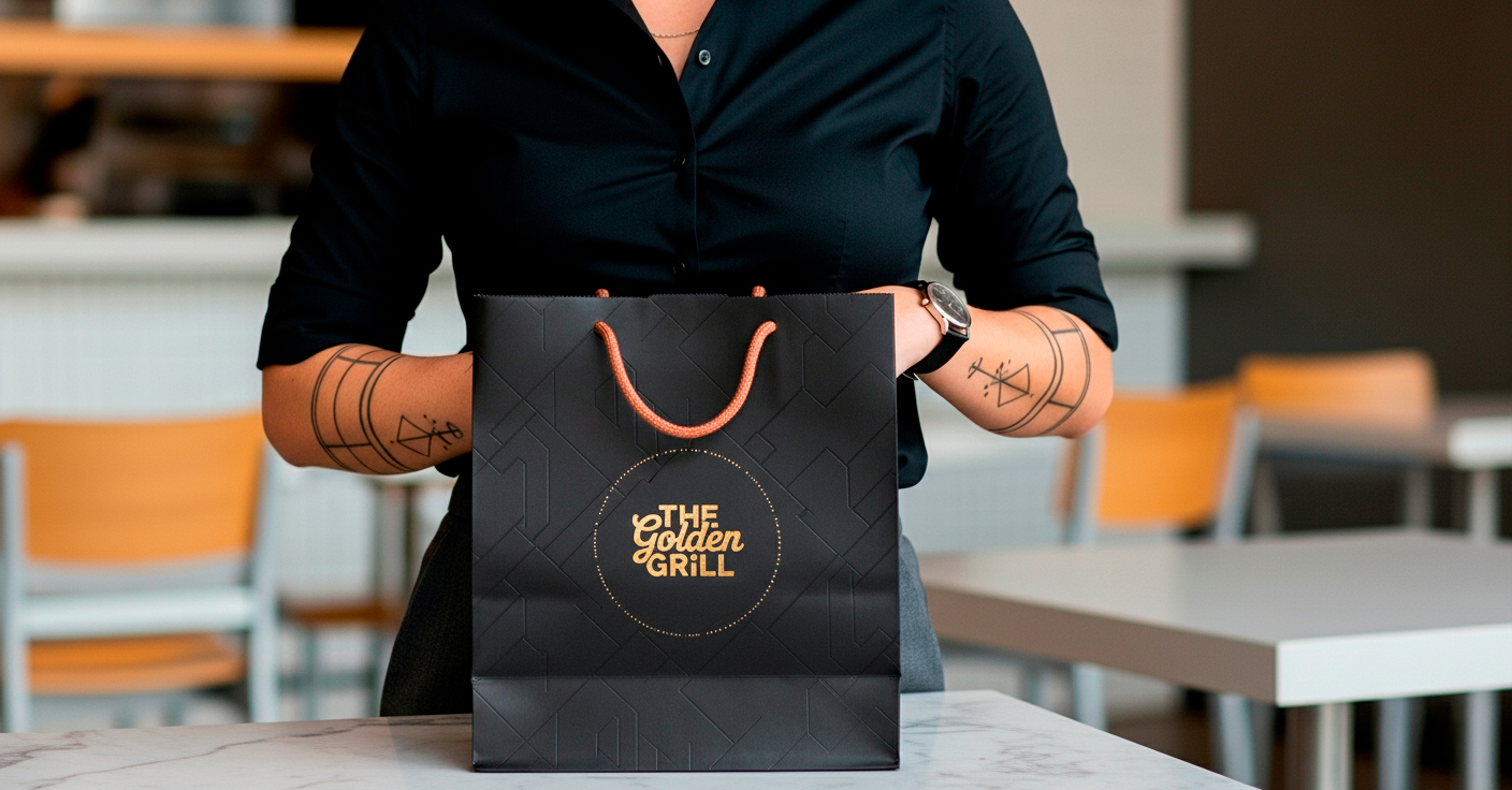 Sacola premium The Golden Grill com logo dourado em ambiente de restaurante