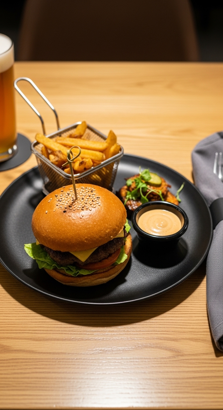 Prato completo — hambúrguer com batatas fritas e cerveja artesanal